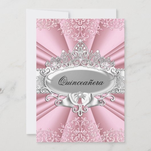 ピンク/シルバーティアラ&ダマスクキンセアニェラ第15パーティー 招待状 (正面)