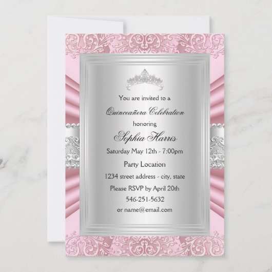 ピンク/シルバーティアラ&ダマスクキンセアニェラ第15パーティー 招待状 (裏面)