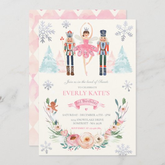 ピンク&シルバーナツクラッカー誕生日シュガープラムフェアリー 招待状 (正面/裏面)