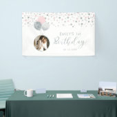 ピンク&シルバーバルーン1stバースデーフォトバナー 横断幕 (トレードショー)