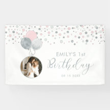 ピンク&シルバーバルーン1stバースデーフォトバナー