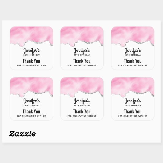 ピンク&シルバーフェイクグリッター縁どスタイリッシュ誕生日 スクエアシール (シート)