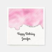 ピンク&シルバーフェイクグリッター縁どスタイリッシュ誕生日 スタンダードカクテルナプキン (正面)