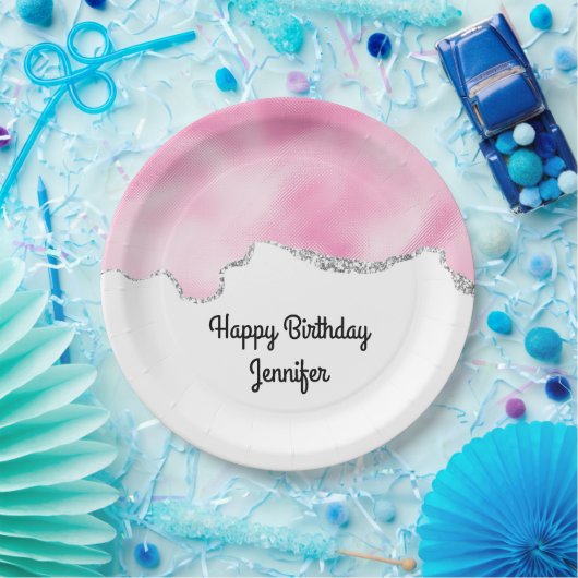 ピンク&シルバーフェイクグリッター縁どスタイリッシュ誕生日 ペーパープレート (パーティー)