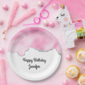 ピンク&シルバーフェイクグリッター縁どスタイリッシュ誕生日 ペーパープレート (パーティー)