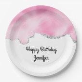 ピンク&シルバーフェイクグリッター縁どスタイリッシュ誕生日 ペーパープレート (正面)