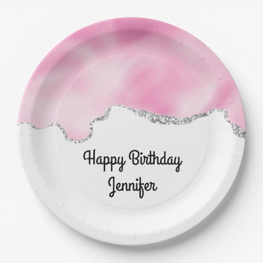 ピンク&シルバーフェイクグリッター縁どスタイリッシュ誕生日 ペーパープレート (正面)