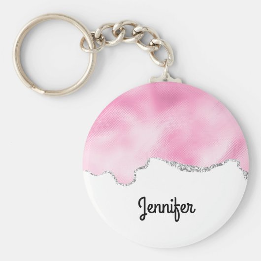 ピンク&シルバーフェイクグリッター縁どスタイリッシュR キーホルダー (正面)