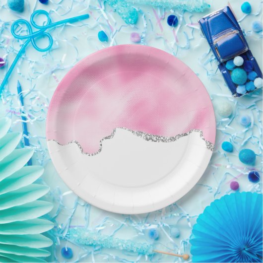 ピンク&シルバーフェイクグリッター縁どスタイリッシュR ペーパープレート (パーティー)