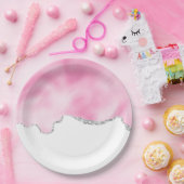 ピンク&シルバーフェイクグリッター縁どスタイリッシュR ペーパープレート (パーティー)