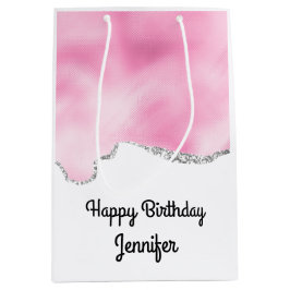 ピンク&シルバーフェイクグリッター縁どスタイリッシュR ミディアムペーパーバッグ