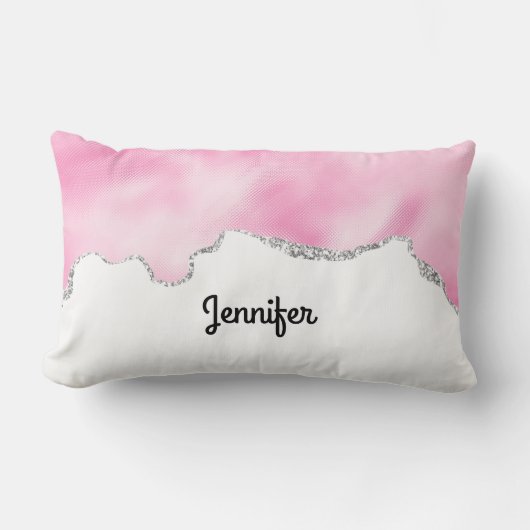 ピンク&シルバーフェイクグリッター縁どスタイリッシュR ランバークッション (正面)
