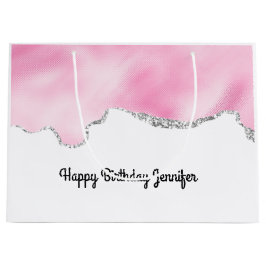 ピンク&シルバーフェイクグリッター縁どスタイリッシュR ラージペーパーバッグ