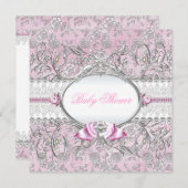 ピンク&シルバーフローラボウベビーシャワー招待状 招待状 (正面/裏面)