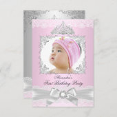 ピンク&シルバープリンセスガールファースト・バースデーパーティー 招待状 (正面/裏面)