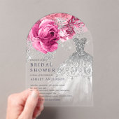 ピンク&シルバー結婚フローラのドレスブライダルシャワー アクリル招待状 (インサイチュ (ポータブル))