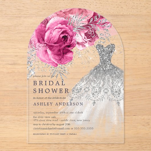 ピンク&シルバー結婚フローラのドレスブライダルシャワー アクリル招待状 (正面)