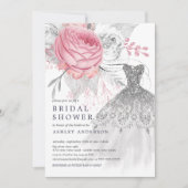 ピンク&シルバー結婚フローラのドレスブライダルシャワー 招待状 (正面)
