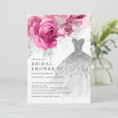 ピンク&シルバー結婚フローラのドレスブライダルシャワー 招待状 (スタンド正面)