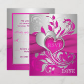ピンク、シルバー スクロール ハート RSVP カード (正面/裏面)