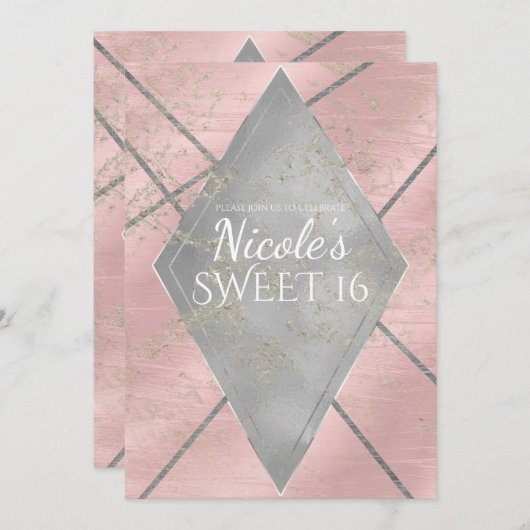ピンク シルバー ダイヤモンド グラム スイート 16 どんなイベントでもパーティ 招待状 (正面/裏面)