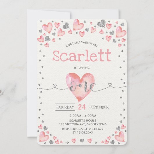 ピンク·シルバー·バレンタイン·スイート1歳の誕生日 招待状 (正面)