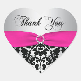 ピンク、シルバー、ブラックのダマスクありがとうステッカー ハートシール
