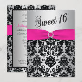 ピンク、シルバー、ブラックのダマスク・スイート16招待状 招待状 (正面/裏面)