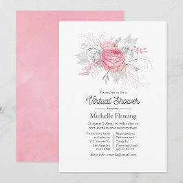 ピンク、シルバー、ホワイトのフローラバーチャルシャワー 招待状