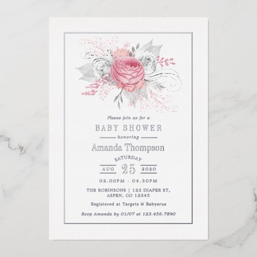 ピンク、シルバー、ホワイトのフローラベビーシャワー 箔招待状 (正面)