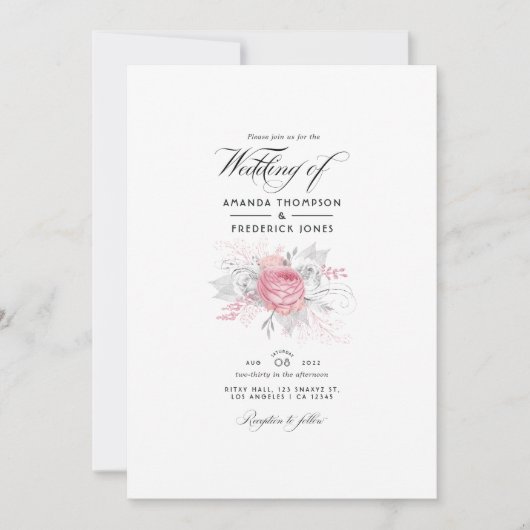 ピンク、シルバー、ホワイトのフローラ結婚ズ 招待状 (正面)