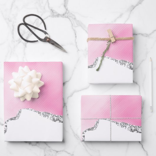 ピンク＆シルバー 偽のグリッター縁 おしゃれ ラッピングペーパーシート (正面)