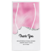 ピンク＆シルバー 偽 グリッター ボーダー おしゃれ ビジネス スモールペーパーバッグ (裏面)