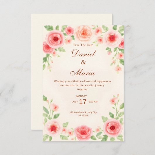 ピンク シンプル ウェディング インビテーション カード (正面/裏面)