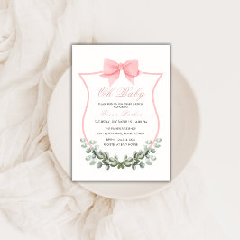 ピンク シンプル ボウ ユーカリ Crest 女の子 ベイビー シャワー 招待状