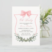 ピンク シンプル ボウ ユーカリ Crest 女の子 ベイビー シャワー 招待状 (スタンド正面)
