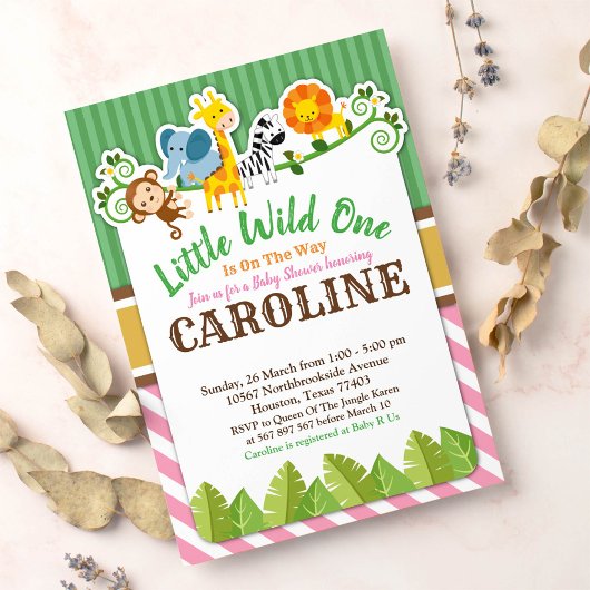 ピンク ジャングル サファリ ズー アニマル ベイビー シャワー 招待状