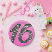 ピンク スイート16 シルバー グリッター グラム 誕生日パーティー ペーパープレート (パーティー)