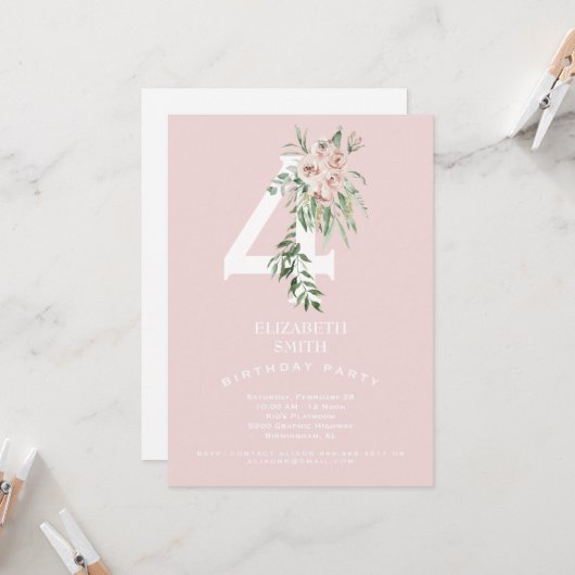 ピンク スイート 4歳の誕生日パーティー招待状 招待状 (正面/裏面インサイチュ)