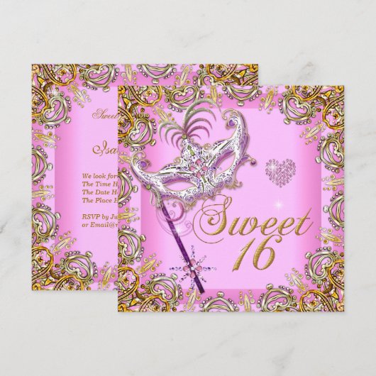 ピンク スウィート シックスティーン スウィート 16 マスカレード ゴールド 招待状 (正面/裏面)