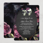 ピンク スカル フラワー 花嫁 & 花婿 結婚式招待状 招待状 (正面/裏面)