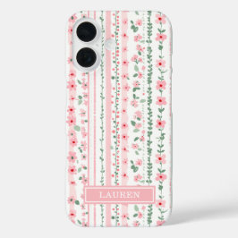 ピンク ストライプ フラワー 名入れ iPhone 16ケース