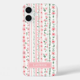 ピンク ストライプ フラワー 名入れ iPhone 16 PLUSケース