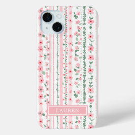 ピンク ストライプ フラワー 名入れ iPhone 15 MINIケース