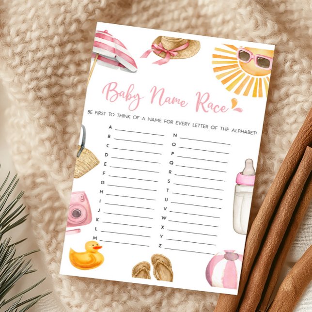 ピンク スプラッシュ ベイビーシャワー 赤ちゃんの名前当てゲーム (Girl Summer Beach Baby Shower Baby Name Race Game)