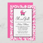 ピンク スワール ダマスク キャリッジ ガール ベビー シャワー 招待状 (正面/裏面)
