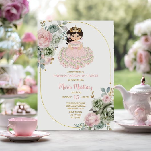 ピンク&セージの花ニーナプレゼンタシオンデトレアノス 招待状