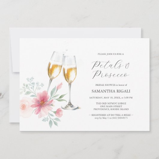 ピンク&セージブルー花びら&プロセッコブライダルシャワー 招待状 (正面)
