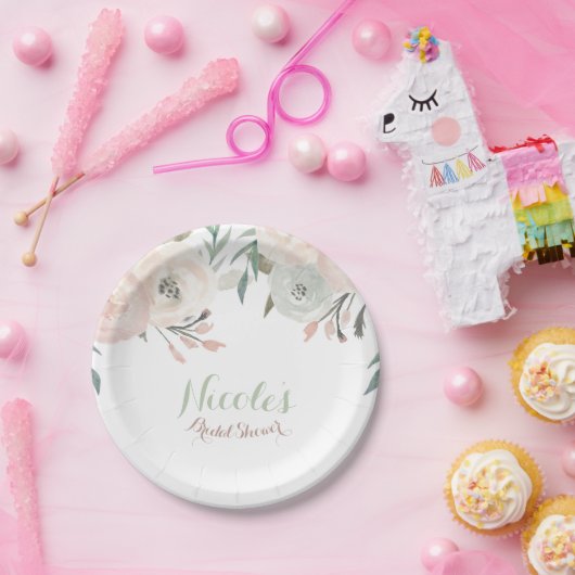 ピンク&セージミントグリーンモダンフローラエレガントパーティー ペーパープレート (パーティー)