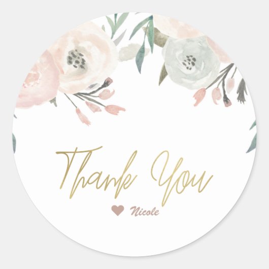 ピンク&セージミントグリーンモダンフローラブライダルシャワー ラウンドシール (正面)